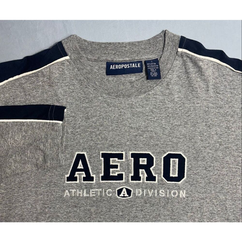 Aeropostale  Mens Long-sleeve T Shirt Crewneck Pullover Embroidered Gray Large